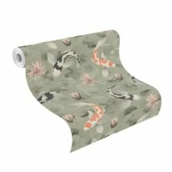 Tapete Vlies Rasch Seerosen Koi Fisch Grün Rosa 409437